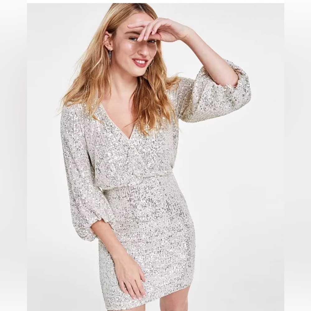 Eliza J Silver Long Sleeved Sequin Dress